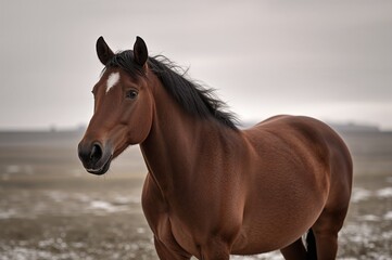 Wall Mural - chestnut horse standing in a meadow, close-up of a chestnut horse