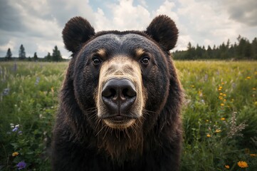 Wall Mural - close-up of a black bear staring directly into the camera in a grassy field