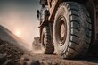 © kuchina - Massive tire of a heavy industrial dump truck on a dusty road at dusk.