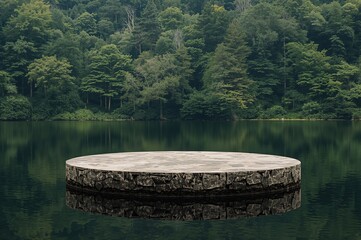 Wall Mural - Waterfront stone base with woodland scenery for showcasing products