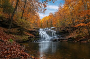 Wall Mural - A stunning cascade pours into a tranquil river surrounded by vibrant autumn foliage.