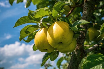 Wall Mural - Detailed view of mature golden apples hanging on a sunlit tree, prepared for picking