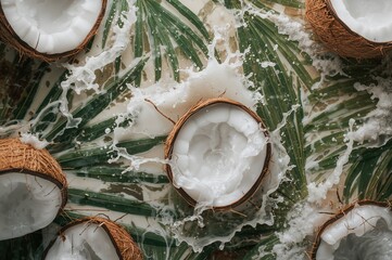 Wall Mural - Milk splashing around fresh coconuts with leafy greens