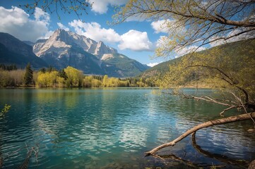 Wall Mural - Scenic morning view of a lake surrounded by hills