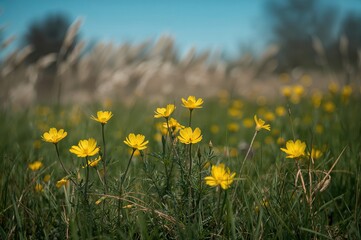 Wall Mural - A meadow of buttercup flowers with stems and leaves in a soft, blurred background