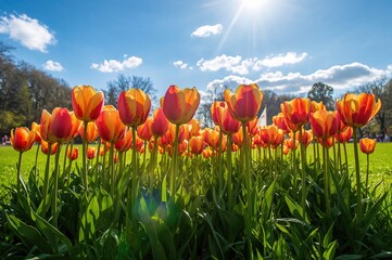 Wall Mural - Vibrant red and yellow tulips set against lush green grass in a sunny park during summer festivities
