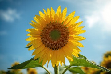Wall Mural - Bright yellow sunflower basking in sunlight with a clear blue sky backdrop, captured in high resolution with selective focus.