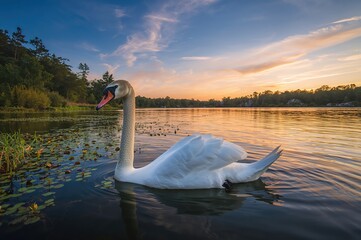 Wall Mural - A lone white swan glides across the water