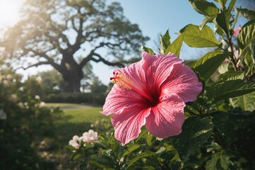 Wall Mural - Gorgeous floral backdrop featuring pink hibiscus, nature, and spring elements