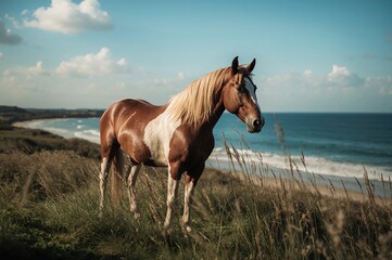 Wall Mural - horse with brown and white coat standing on grassy land by the seaside, summer and spring nature sce