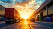 © Рудой Максим - Sunset over a busy shipping yard with colorful cargo containers and a truck in motion