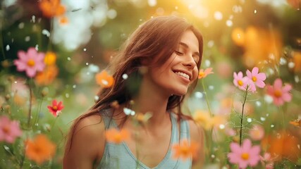Spring pollen allergy. woman laughing amidst a field of flowers with a bokeh effectwoman with brown hair and flowers in the foreground, wearing a light blue sleeveless top with a floral pattern.