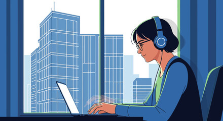 Illustration of a young professional woman working on a laptop with city view