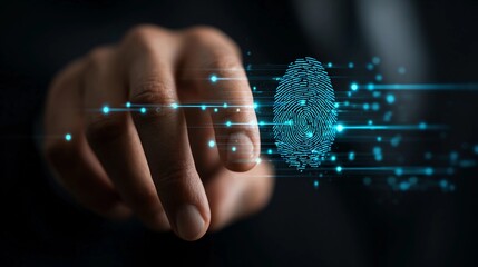 Man touching virtual fingerprint on screen with his finger