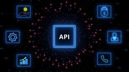 glowing api surrounded by ai icons, symbolizing application programming interface, the tech environment highlights the future of api programming.Abstract glowing blue circuit board background.