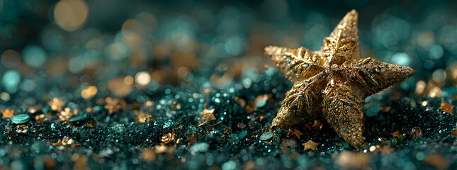 Wall Mural - New years Christmas gold green star background web banner with copy space. Christmas teal green and golden abstract glitter bokeh background. Selective focus