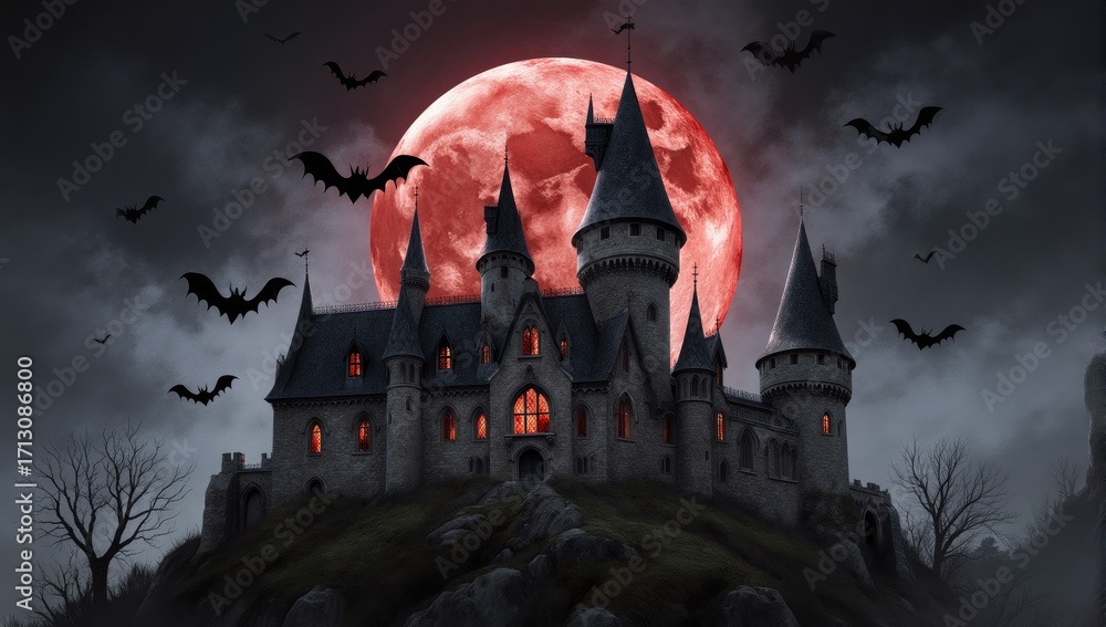 Haunted Castle Under A Blood Red Moon With Bats Flying Around The Dark ...