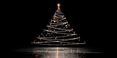 Wall Mural - A minimal outline of a Christmas tree with subtle golden lights on black background.