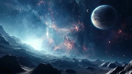 Wall Mural - A stunning cosmic landscape video from a low-angle view, showcasing a distant planet and vibrant nebulae in a star-filled galaxy. Live desktop wallpaper.