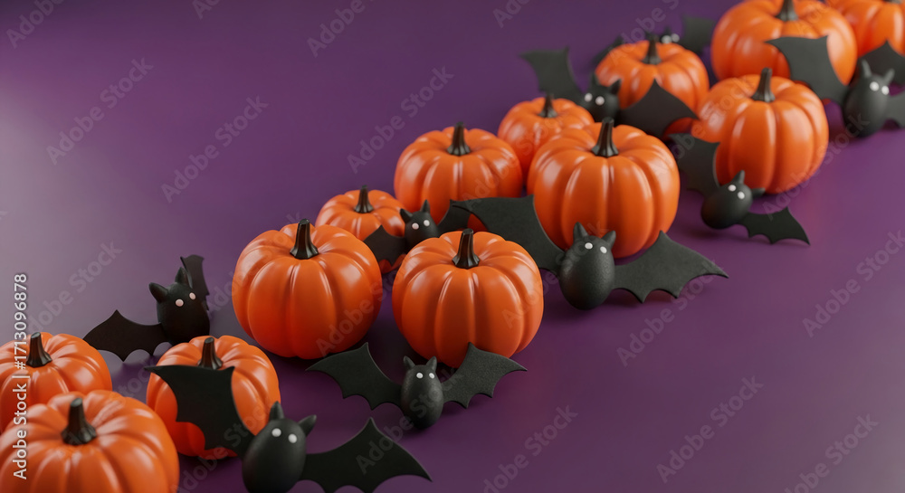 Orange pumpkins and black bats on purple background Halloween design ...