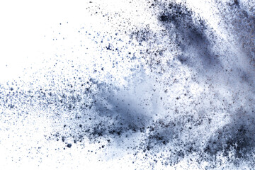 A dynamic cloud of dark grey powder or dust exploding and scattering against a clean white background, creating a textured and abstract visual effect.