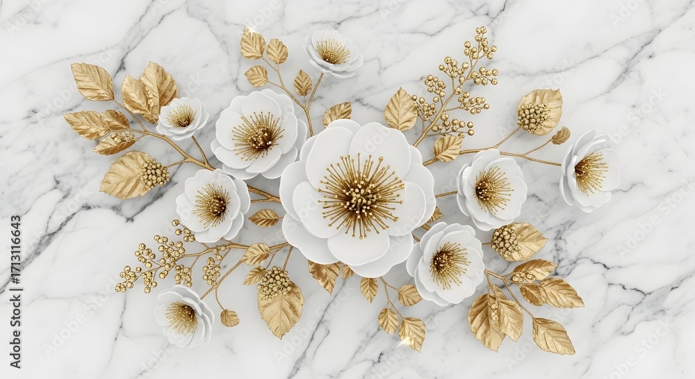 Elegant white and gold paper flowers and leaves arranged on a white ...