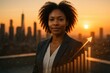 © Bijac - Ambitious Black entrepreneur smiling at skyline during golden hour double exposure of rising financial graphs city lights and bokeh symbolizing vision leadership growth and success