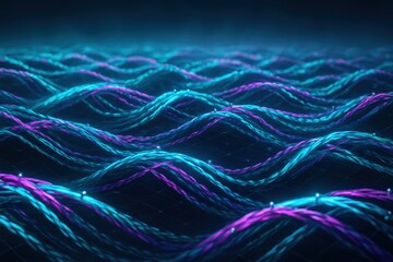Immersive neon data waves flowing across a limitless digital landscape with interlaced threads and shimmering code forming a living cyberspace tapestry