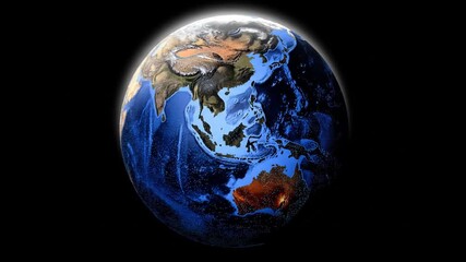 A 3D illustration shows Earth in space, with continents highlighted and oceans deep blue