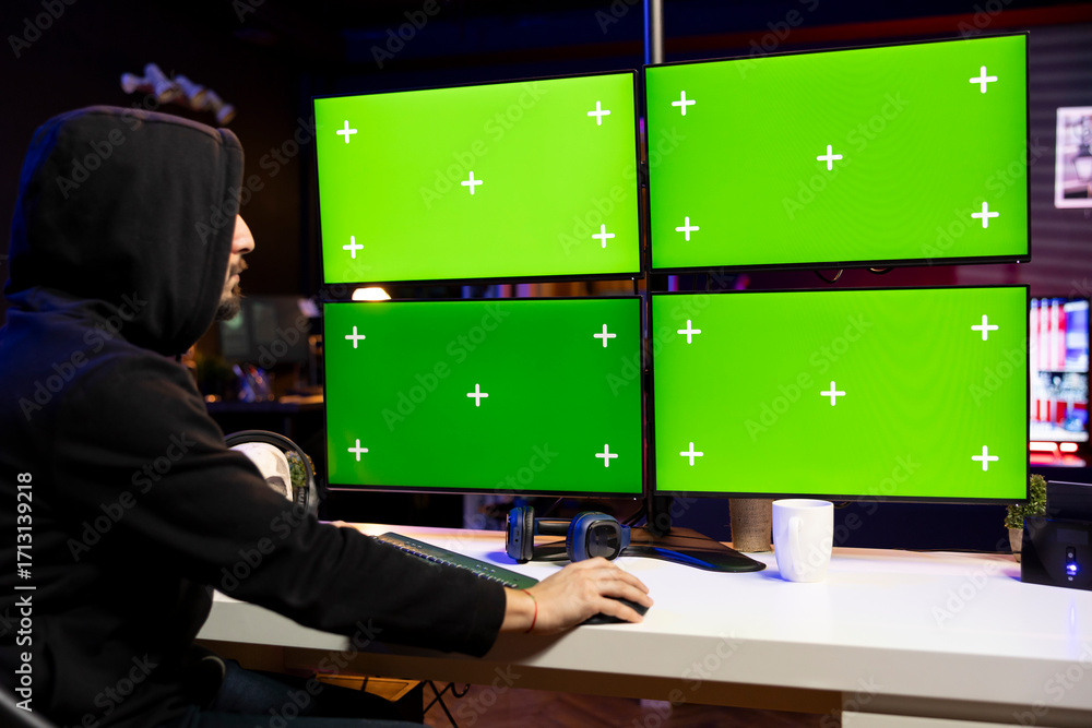 Man coding on isolated screen PC displays, creating stealth malware ...