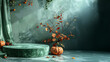 © rasolmar - A still-life scene for Halloween featuring a jack-o'-lantern and an arrangement of dry branches with vibrant autumn leaves. A teal-green velvet curtain drapes over a matching round pedestal, setting a