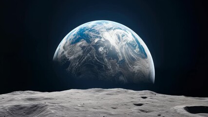 Wall Mural - A stunning video still of Earth rising over the moon's horizon, captured from a low-angle perspective, highlighting the vastness of space. Live desktop wallpaper.