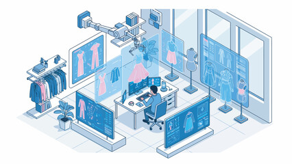 Fashion designer using futuristic technology to create clothing in a modern studio with holographic displays and robotic arms, showcasing innovation and creativity.