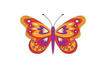Wall Mural - Groovy retro butterfly cartoon sticker in colorful orange and funky patch style. Psychedelic y2k motif with playful groovy element, perfect for creative or trendy fun use as eye sticker.