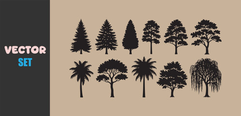 Diverse collection of tree silhouettes vector set