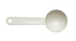 © PrismPNG - Off-white plastic measuring spoon, top view, handle to left, hole in handle for hanging. Isolated on transparent background, png