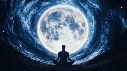 Mystical full moon glowing behind meditating silhouette, swirling energy fields and celestial symbols