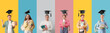 © Pixel-Shot - Set of students with flying graduation hats on color background