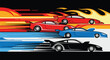 © fackul - Fast cars racing! Red, blue, and black sports cars speeding with flames and motion blur