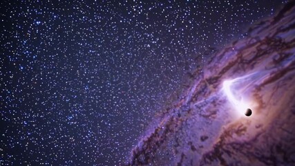 Wall Mural - A cosmic video scene with a wide-angle view of a galaxy, showcasing a bright comet and distant stars, capturing the vastness of space. Live desktop wallpaper.