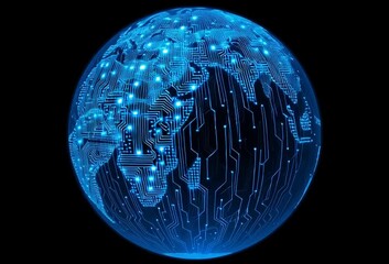 Wall Mural - blue digital globe with circuit lines and global network connections, representing the concept of international connectivity Generative AI
