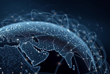 Wall Mural - a digital globe with glowing connections representing global connectivity and data flow, set against the dark blue background of an abstract technology landscape Generative AI