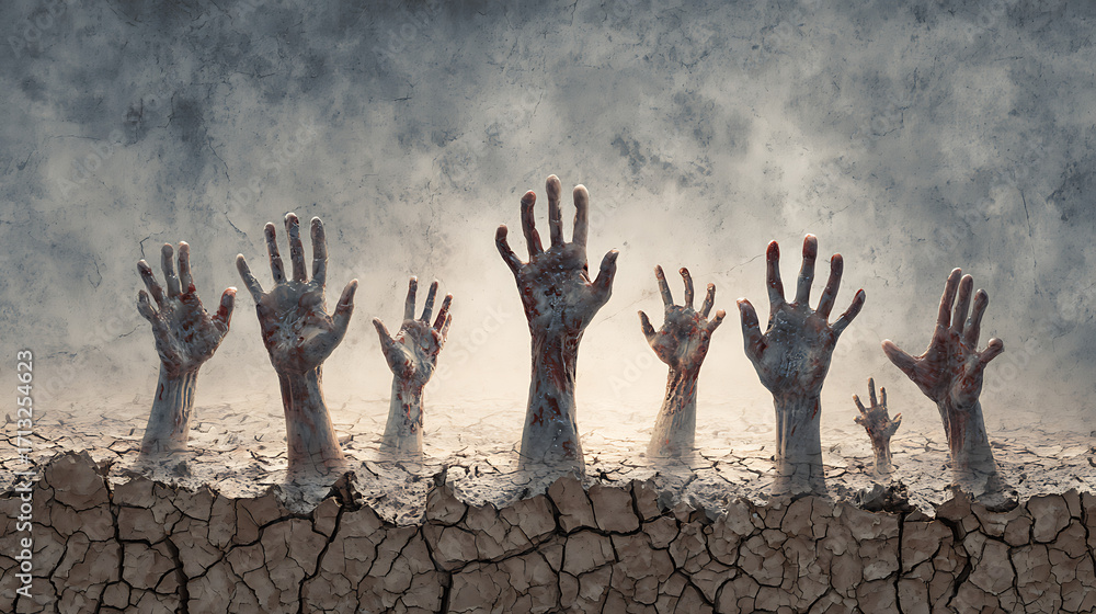 Horror Hands Rising Pattern of zombie hands rising over cracked earth background Stock ...