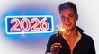 © SteffCunha - Young man holding a sparkler and smiling in front of a neon 2026 sign, celebrating the new year with a bright glow