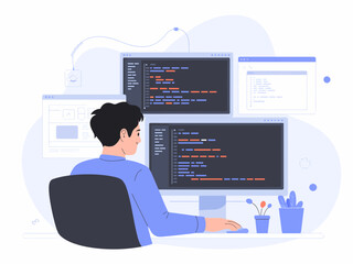 Software developer coding innovative app, building digital future, modern technology workspace
