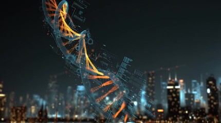 Digital dna helix structure over blurred cityscape at night with illuminated buildings and data overlay