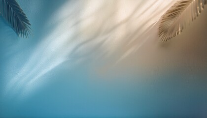 Wall Mural - Minimalist Simple Background For Design With Beautiful Light Shadow From Palm Leaves On Wall Gentle Calm Pastel Muted Shades Of Blue And Beige With Smooth Color Transition