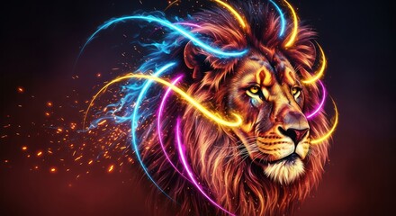  Majestic lion with electrifying mane: a vibrant fusion of wildness and neon brilliance