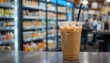 © firman - Iced coffee in plastic cup with straw on counter in convenience store background