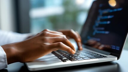Developer software training laptop code programming hands keyboard focused typing session enhancing skills with modern workspace and blurred